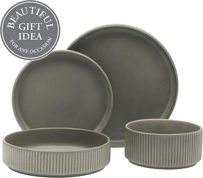 Gibson Elite Deerfield 16-Piece Stoneware Dinnerware Set – Soft Grey Reactive - Image 4