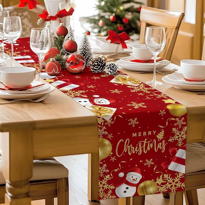 Merry Christmas Table Runner 70 Inches Long, Xmas Balls Snowman Snowflake Table - Image 9