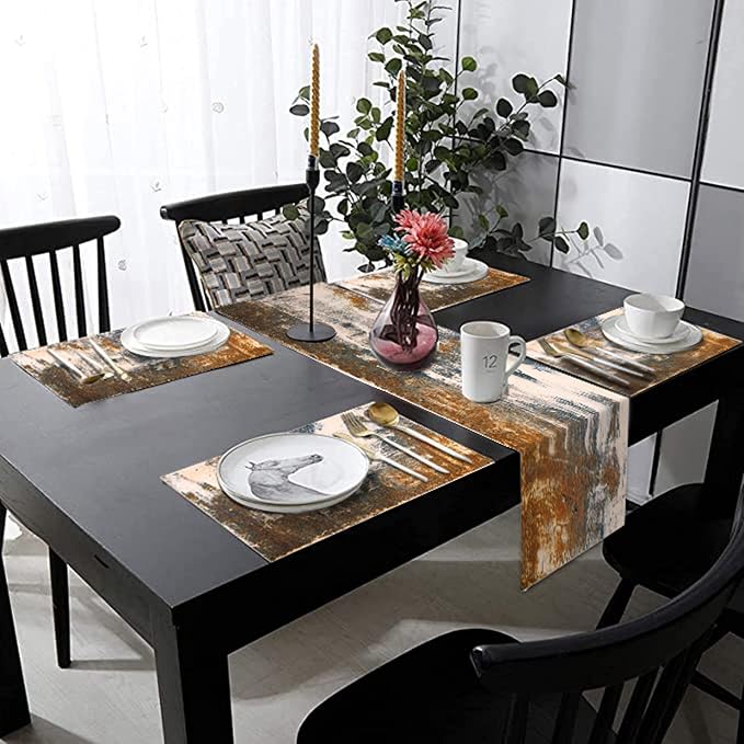 Black Grey Abstract Table Runner and Placemats Set, Linen 108" Long | Retro - Image 5