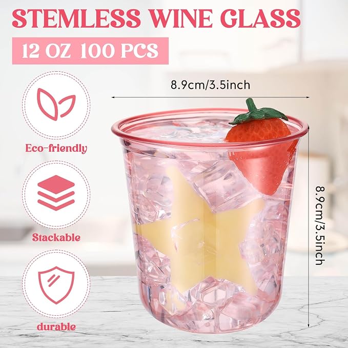 Ziliny 100 Pcs Disposable Stemless Glasses 12oz Crystal Plastic Wine Glasses - Image 3