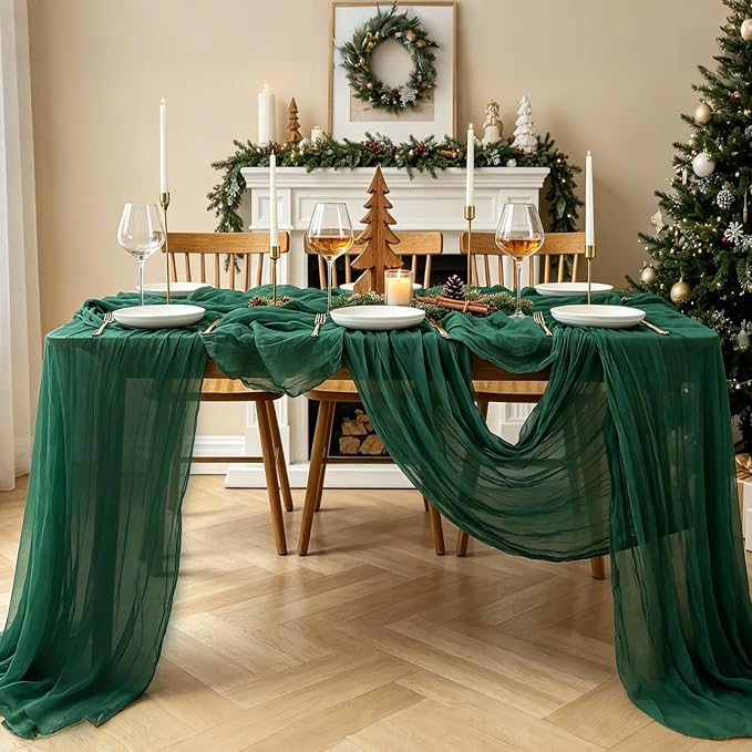 Christmas Table Runner, 10FT Cheesecloth Emerald Green Table Runners 35*120inch - Image 8