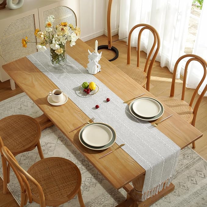 Wracra Rustic Linen Table Runner, Light Grey Table Runners 72 inches Long | - Image 6