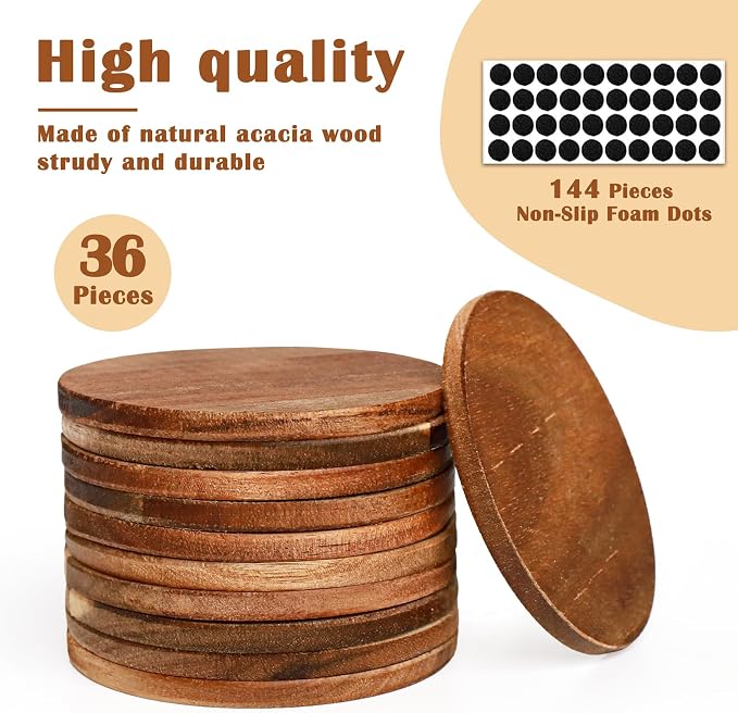 36 Pieces Unfinished Wood Coasters, 4 Inch Round Acacia Wooden Coasters - Image 2
