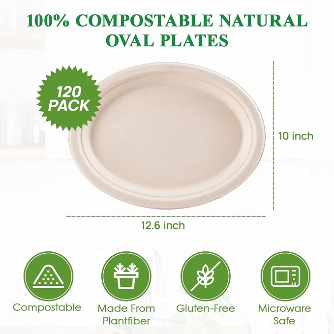 Vplus 100% Compostable Oval Paper Plates 12 inch 120 Pack, Nature | Super Strong - Image 5