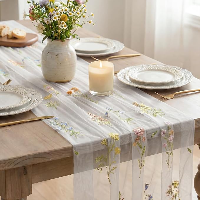 Artoid Mode Wildflower Floral Milky White Gauze Embroidery Table Runner 120 - Image 4