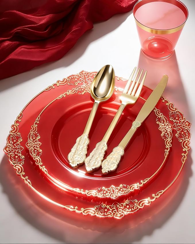 350 Piece Red Dinnerware Set for 50 Guests | Includes: 100 Gold Rim Plastic - Image 4