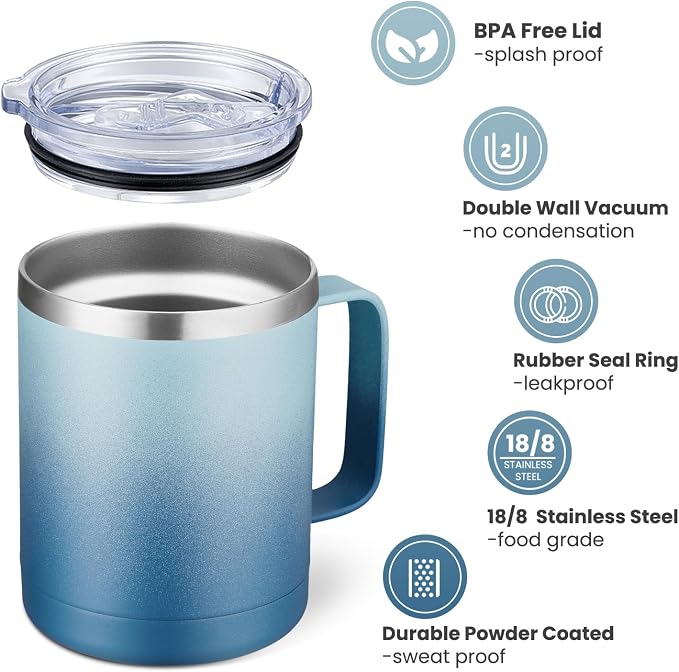 MEWAY 12oz Coffee Mug With Handle and Sliding Lid, Stainless Steel Travel - Image 3