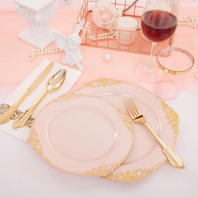 Morejoy 175pcs Pink Plastic Plates - Image 2