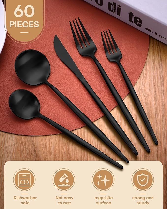 Black Silverware Set for 12, Ollex 60-Piece Modern Black Flatware Set - Image 2