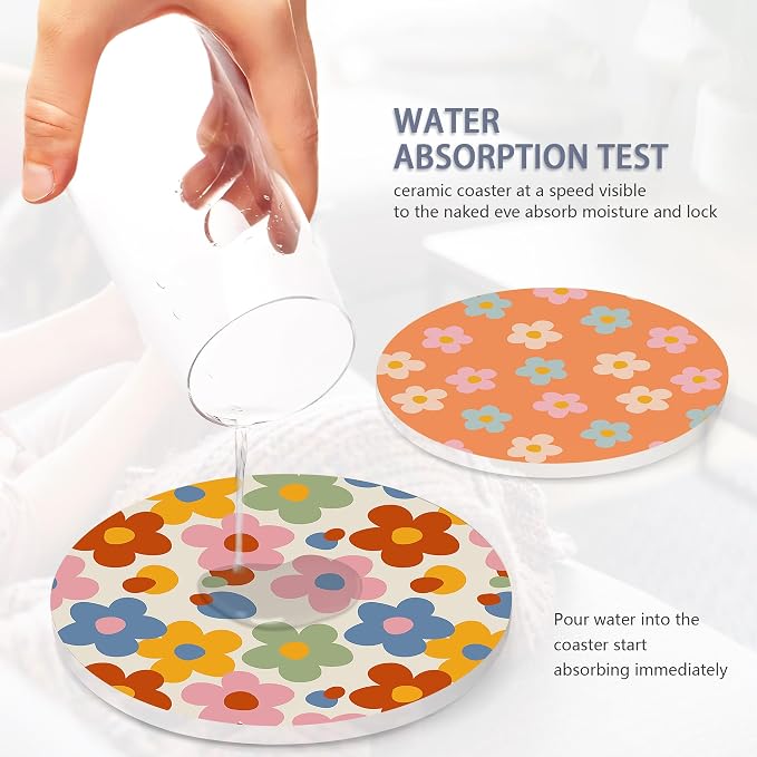 Drink Coasters Set of 6 with Holder, Vintage Groovy Flowers Absorbent Ceramic - Image 5