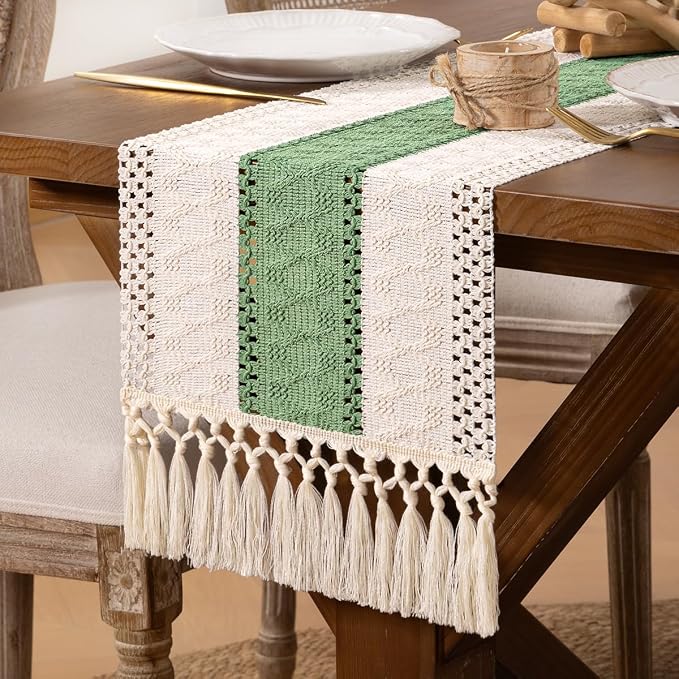 DeZerlor Ivory&Sage Green Boho Macrame Farmhouse Woven Table Runner 48Inch | by DeZerlor