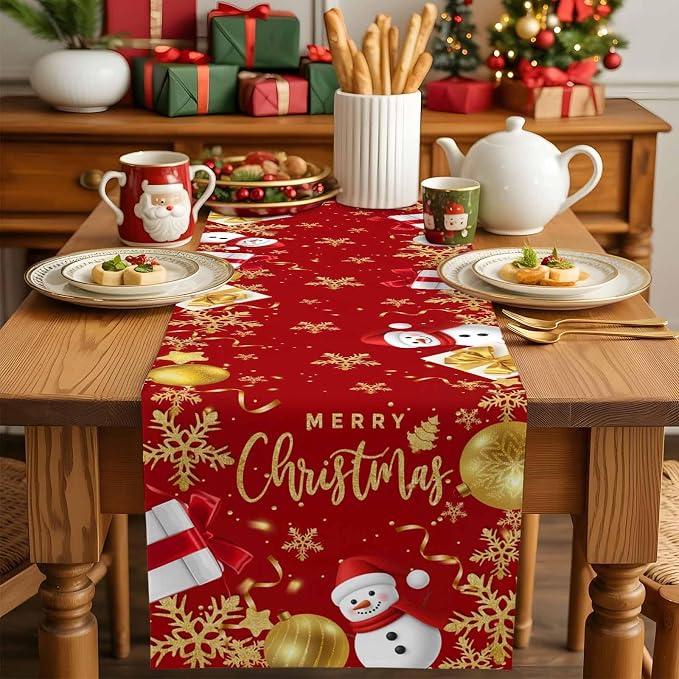 Merry Christmas Table Runner 70 Inches Long, Xmas Balls Snowman Snowflake Table - Image 5