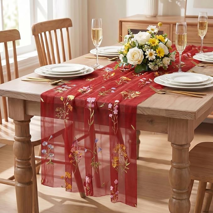 Artoid Mode Wildflower Floral Red Gauze Embroidery Table Runner 120 Inch 10FT - Image 2