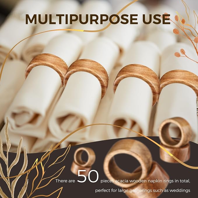 Zhehao 50 Pcs Wood Napkin Rings Bulk Acacia Handmade Dining Table Napkin Holder - Image 2