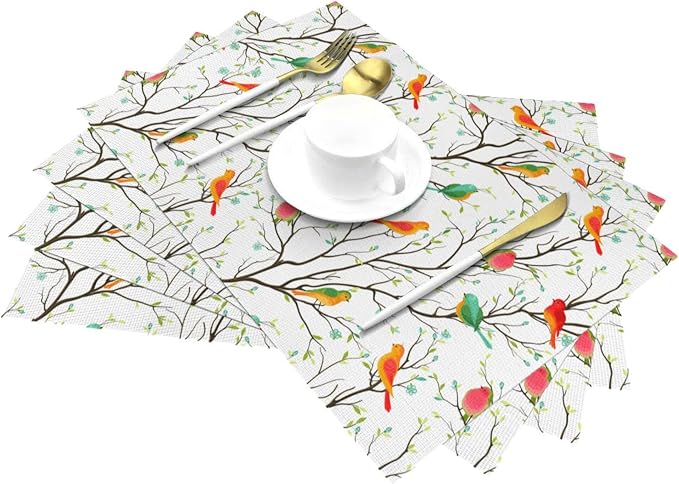 Birds on Tree Placemats Set of 4 Linen Decorative Table Mat - Image 3