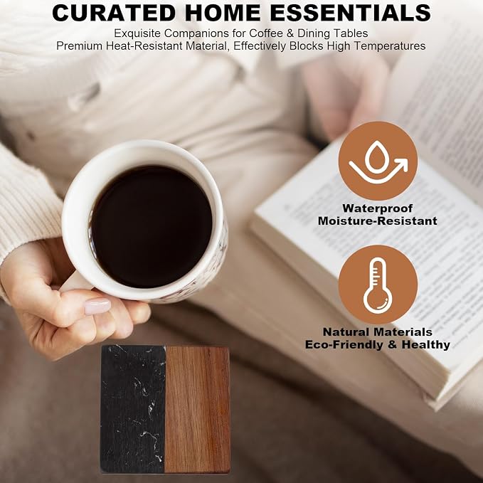Marble Coasters: 4-Piece Set of Acacia Wood Marble Coasters, Suitable - Image 4