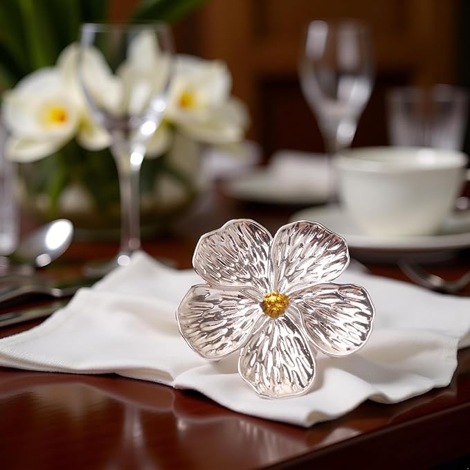 12pcs Silver Plum Blossom Napkin Rings, Elegant Flower Napkin Ring Silver Holder - Image 2