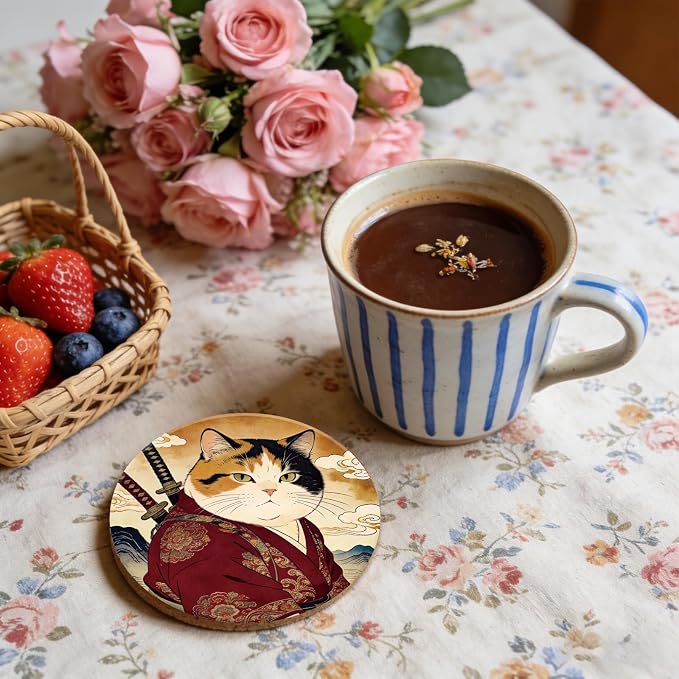 10pcs Coasters for Drinks Cute Samurai Cat Absorbent Coasters Set Round - Image 7