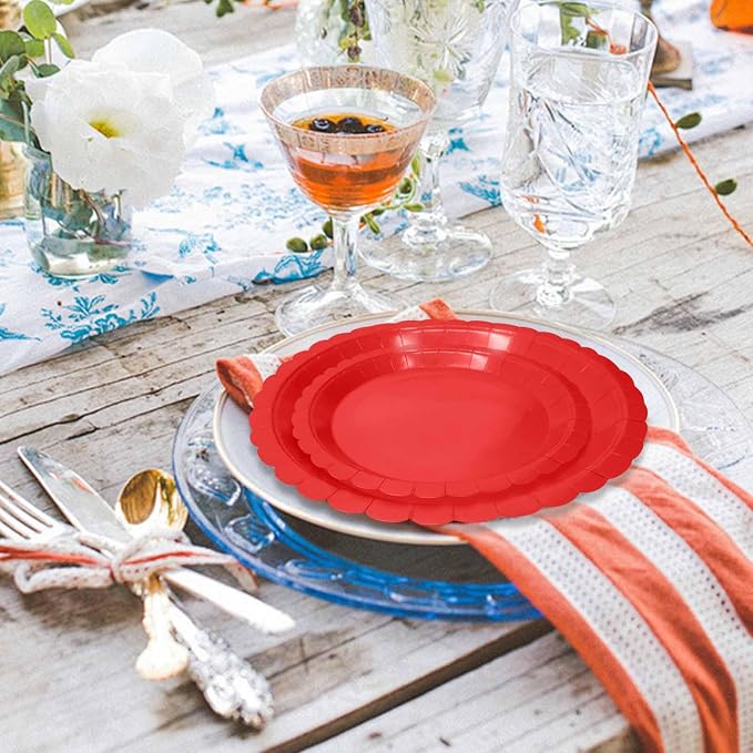 50 Pcs Red Scalloped Paper Plates 25 × 7'' and 25 × 9'' Disposable Red - Image 7