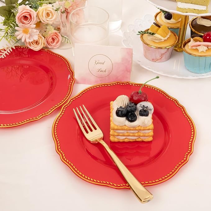 60 Pcs Red Gold Dessert Plates for Christmas | 7.5 inch Heavy-duty Disposable - Image 7