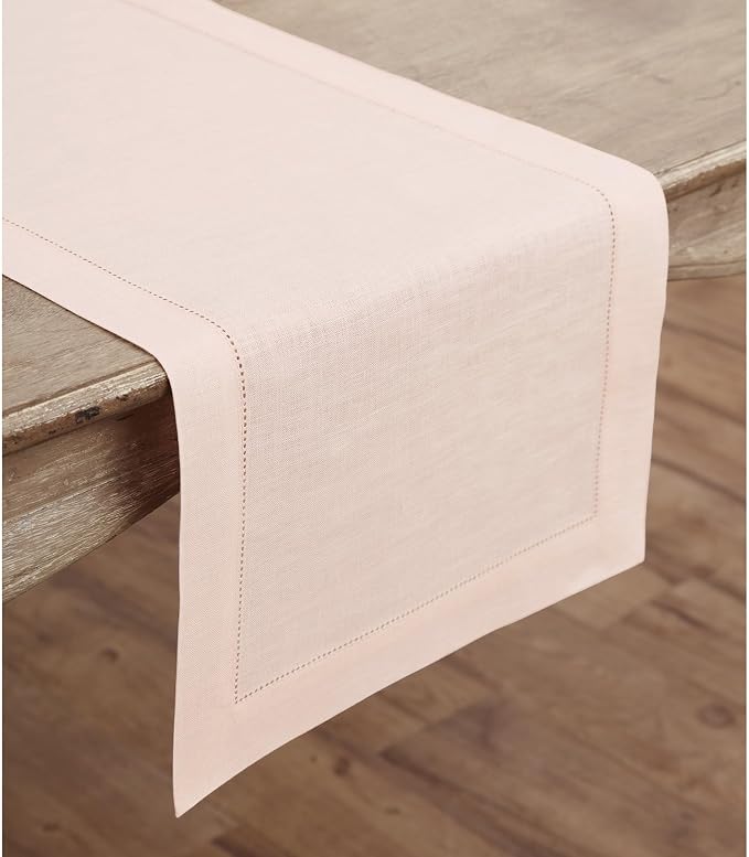Solino Home 100% Pure Linen Dining Table Runner Pink Hemstitch, 14 x 156 in | - Image 2