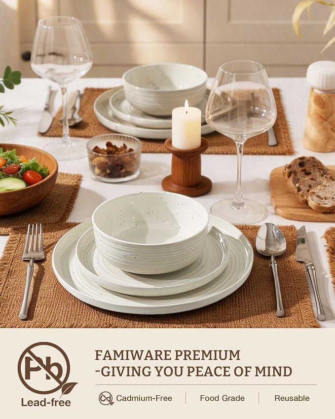 Stoneware Dinnerware Sets for 4, Plates and Bowls, Cream | 12-Piece Ceramic - Image 3