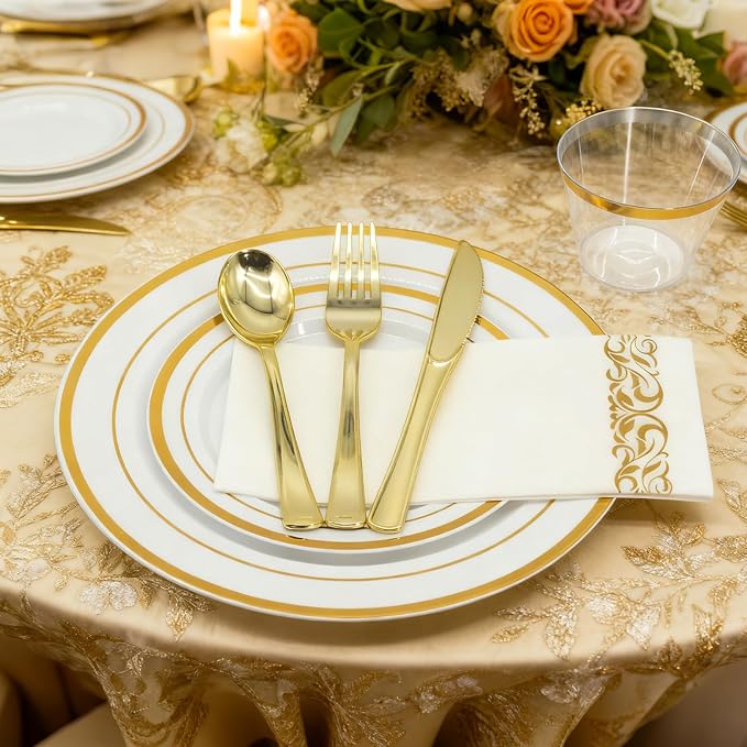 AIRE Gold White Plastic Plates Set, sturdy leakproof cutlery, fancy party - Image 3