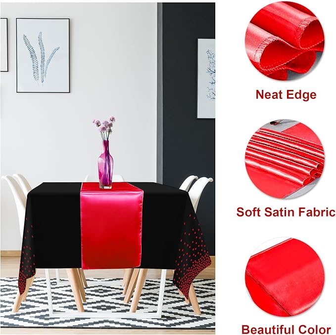 8Pack Disposable Plastic Party Tablecloths and Satin Table Runner Set Black and - Image 3