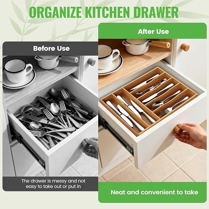 Bamboo Silverware Organizer, 12 Inch Bamboo Kitchen Drawer Cutlery Organizer - Image 4
