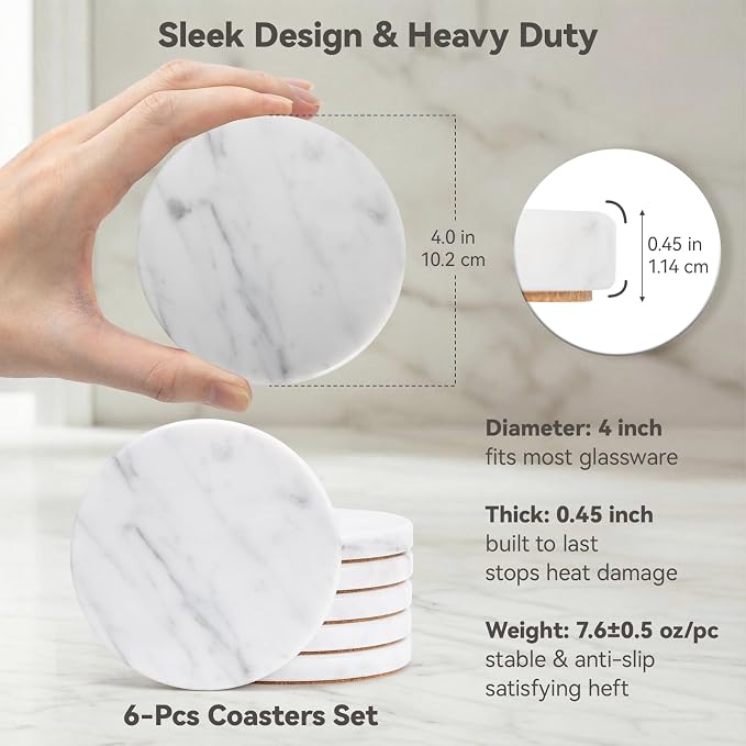 Soft White Marble Coasters Set of 6, Modern Elegant Drink Coasters - Image 4