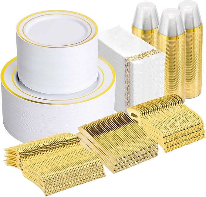 875 Piece Gold Dinnerware Set for 125 Guests, Bulk Dinnerware | Include: 125 by GoodLuck