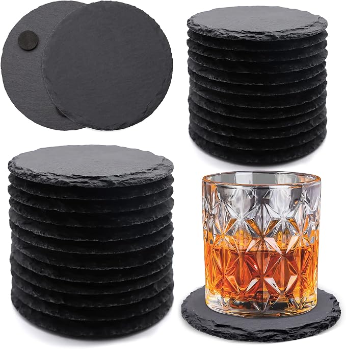 VIBRATITE 24 Pack 4 Inch Round Black Slate Drink Coasters | Laser Engraving by VIBRATITE