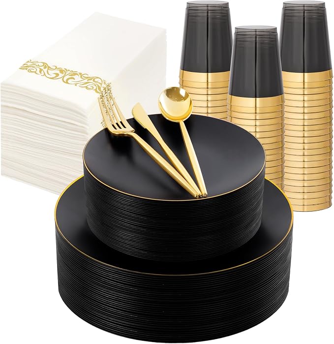 EI 350Pcs Black and Gold Matte Frosted Plastic Plates Disposable Heavy Duty by Ejonirinjonir