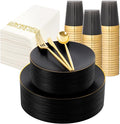 EI 350Pcs Black and Gold Matte Frosted Plastic Plates Disposable Heavy Duty by Ejonirinjonir