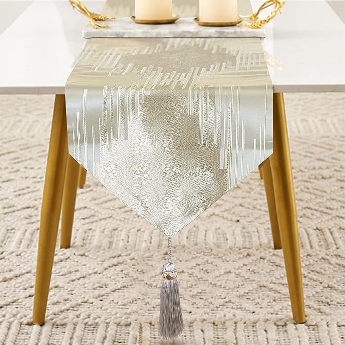 Luxury Beige Table Runner 72 Inches Long, Modern Geometric, Elegant Tassels | - Image 2
