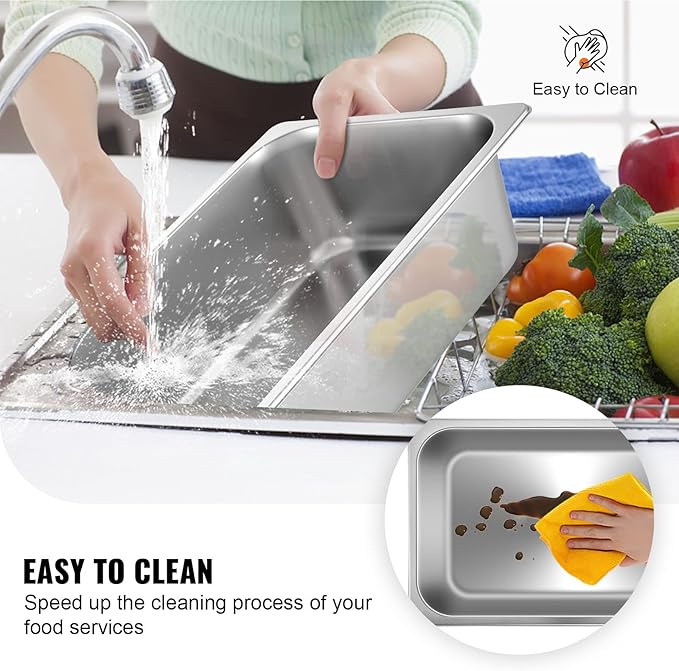 VEVOR 6 Pack Hotel Pans, Full Size 6-Inch, Stainless Steel Steam Table - Image 5