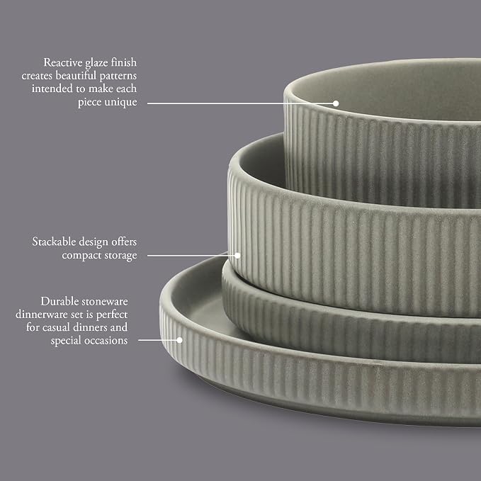 Gibson Elite Deerfield 16-Piece Stoneware Dinnerware Set – Soft Grey Reactive - Image 3