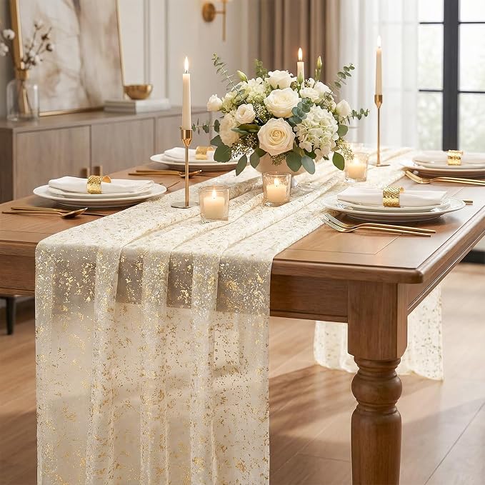 Artoid Mode Gold Gauze Champagne Table Runner 120 Inch 10FT, Glitter Metallic - Image 6