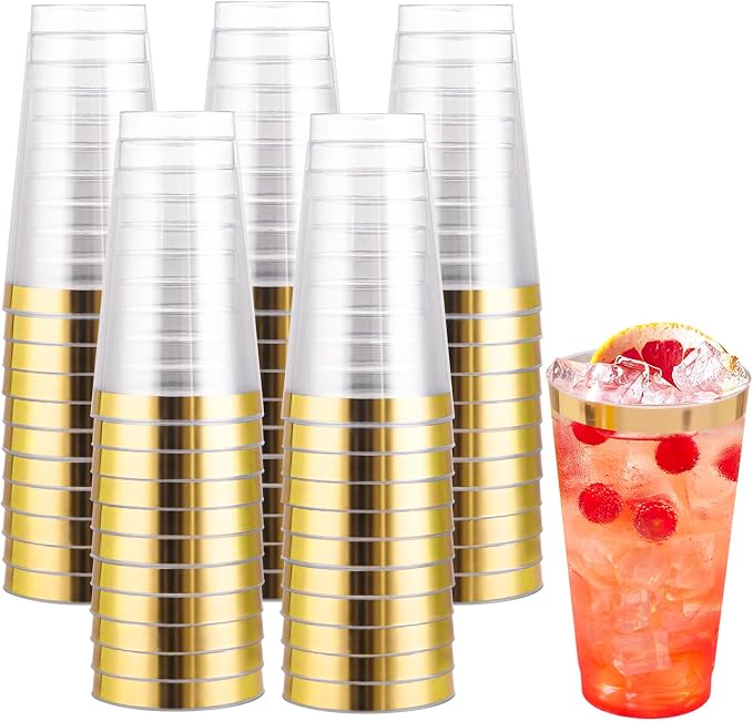 I00000 16 oz Gold Plastic Cups, 100 Pack Clear Plastic Cups Tumblers Gold by I00000