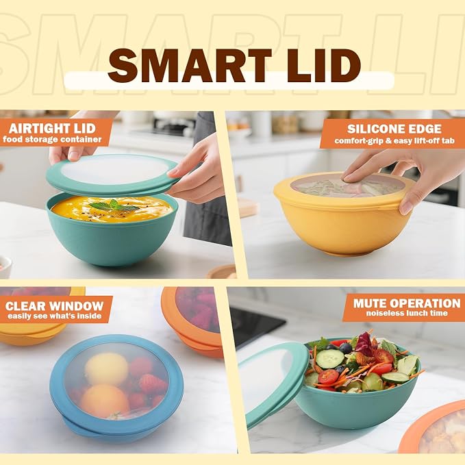 Wheat Straw Bowls Set with Lids, Unbreakable 40 OZ Cereal Bowls Set of 4 - Image 4
