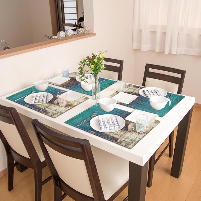 Emvency Farmhouse Placemats Set of 4, 12x18 Inch, Teal and Light Brown | - Image 6