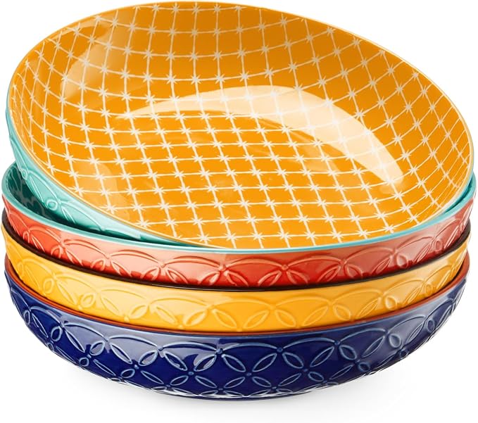 DOWAN 8.5" Vibrant Pasta, Salad & Soup Serving Bowls Set of 4, Embossed Large by DOWAN