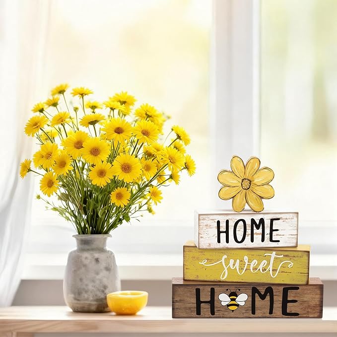 Cinnvoice 4 Pcs Yellow Bee Daisy Wooden Block Decor Farmhouse Tiered Tray Signs - Image 6