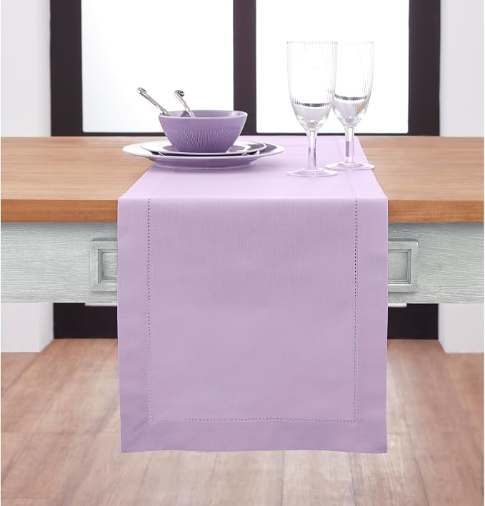 Solino Home Cotton Linen Dining Table Runner Lavender Hemstitch, 14 x 90 in | by SolinoHome