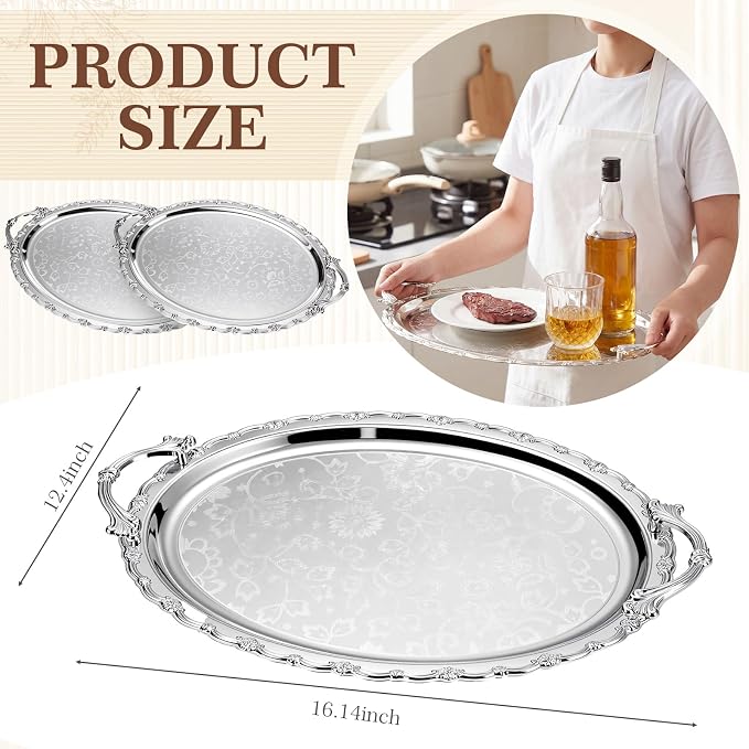 4 Pack Serving Tray with Handles 16.1 x 12.4 Inch Large Metal Plate Floral - Image 3