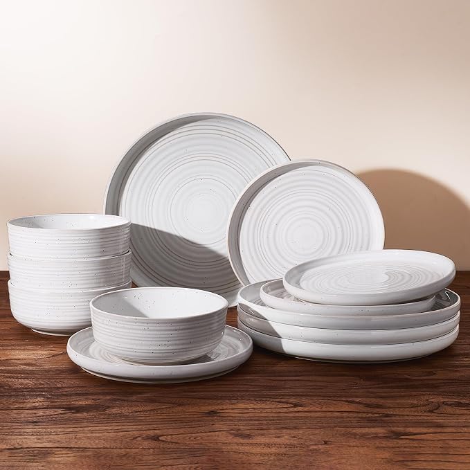 Stoneware Dinnerware Sets for 4, Coupe Plates & Bowls, Chip & Scratch Resistant by FamiwarePremium