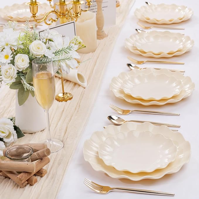 LIYH 24 Pcs Plastic Plates Reusable, Unbreakable Dinner Plates, Scalloped - Image 7