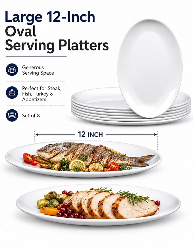 8-Pack Melamine Dinner Plates, 12 Inch Large Oval Serving Platters - Image 2