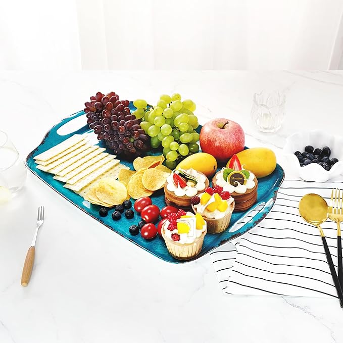 TP Melamine Serving Trays with Handles, Retro Teal | Large Rectangular Trays - Image 7