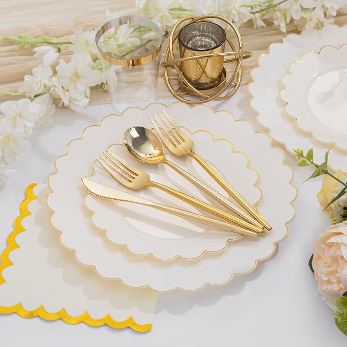 LIYH 210Pcs Ivory Scalloped Plastic Plates, Elegant Platos Desechables Elegantes - Image 3